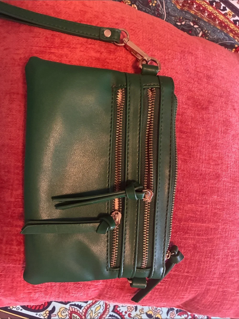 Green Women's Wristlet Clutch with Dual Zippers